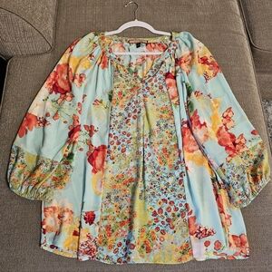 Olive Hill Mint Red Floral Boho Casual Relaxed Fit Multicolor Blouse Size Large